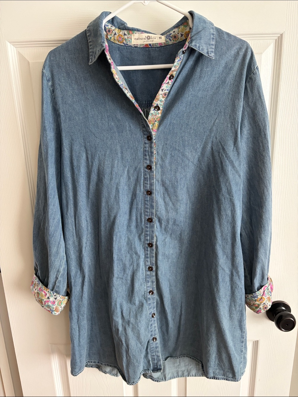 NATURAL LIFE Blue Denim Button-Down Shirt with Floral Trim